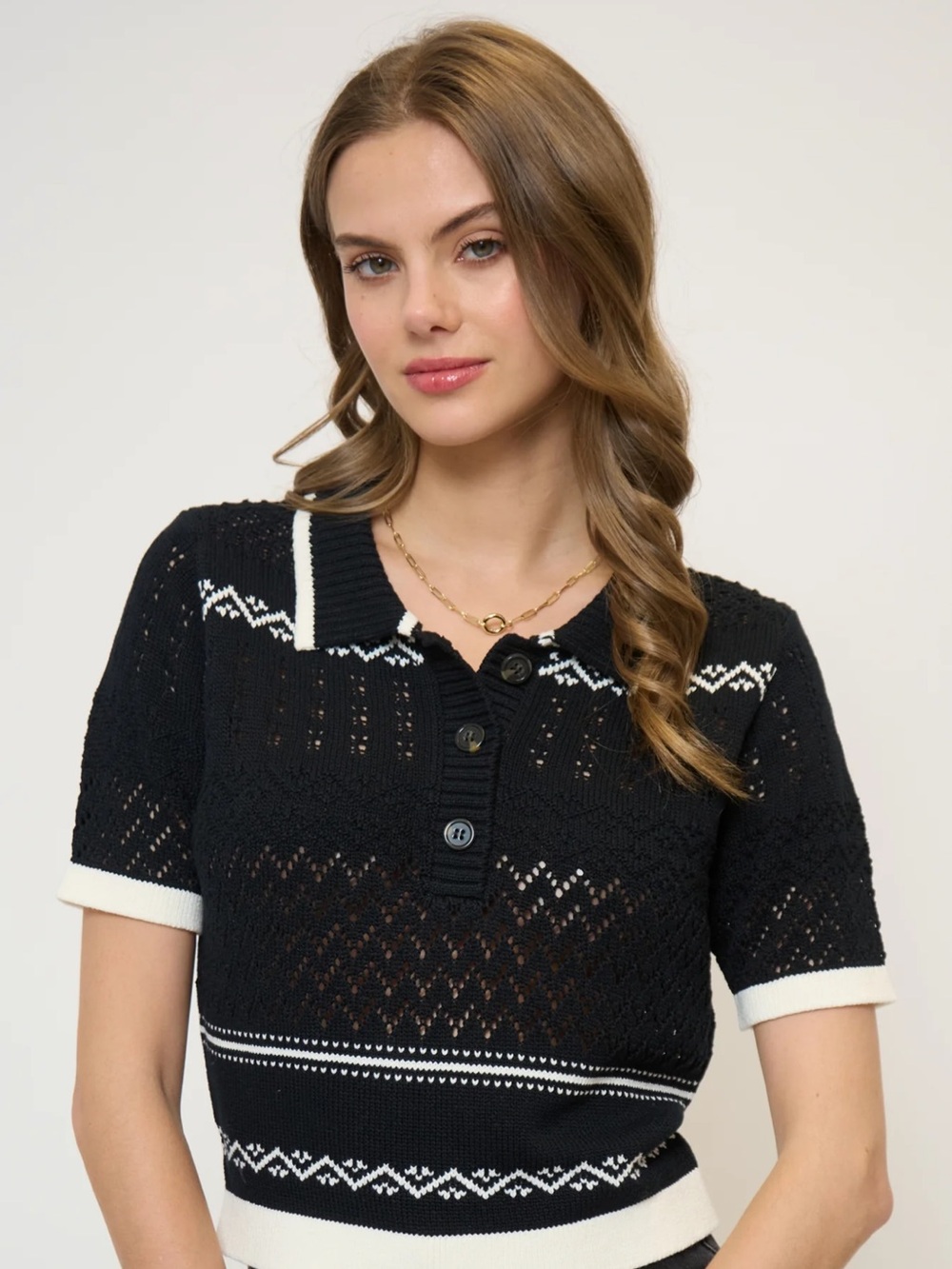 Central Park West Black Knit Polo with White Trim